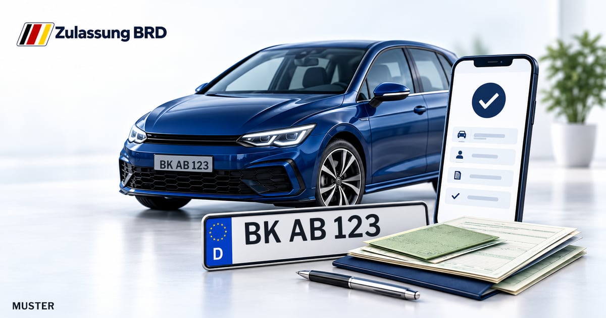Online Fahrzeugzulassung in Schorndorf: Musterkennzeichen BK AB 123, Auto und Fahrzeugpapiere und Smartphone. Illustration mit Logo von Zulassung BRD.